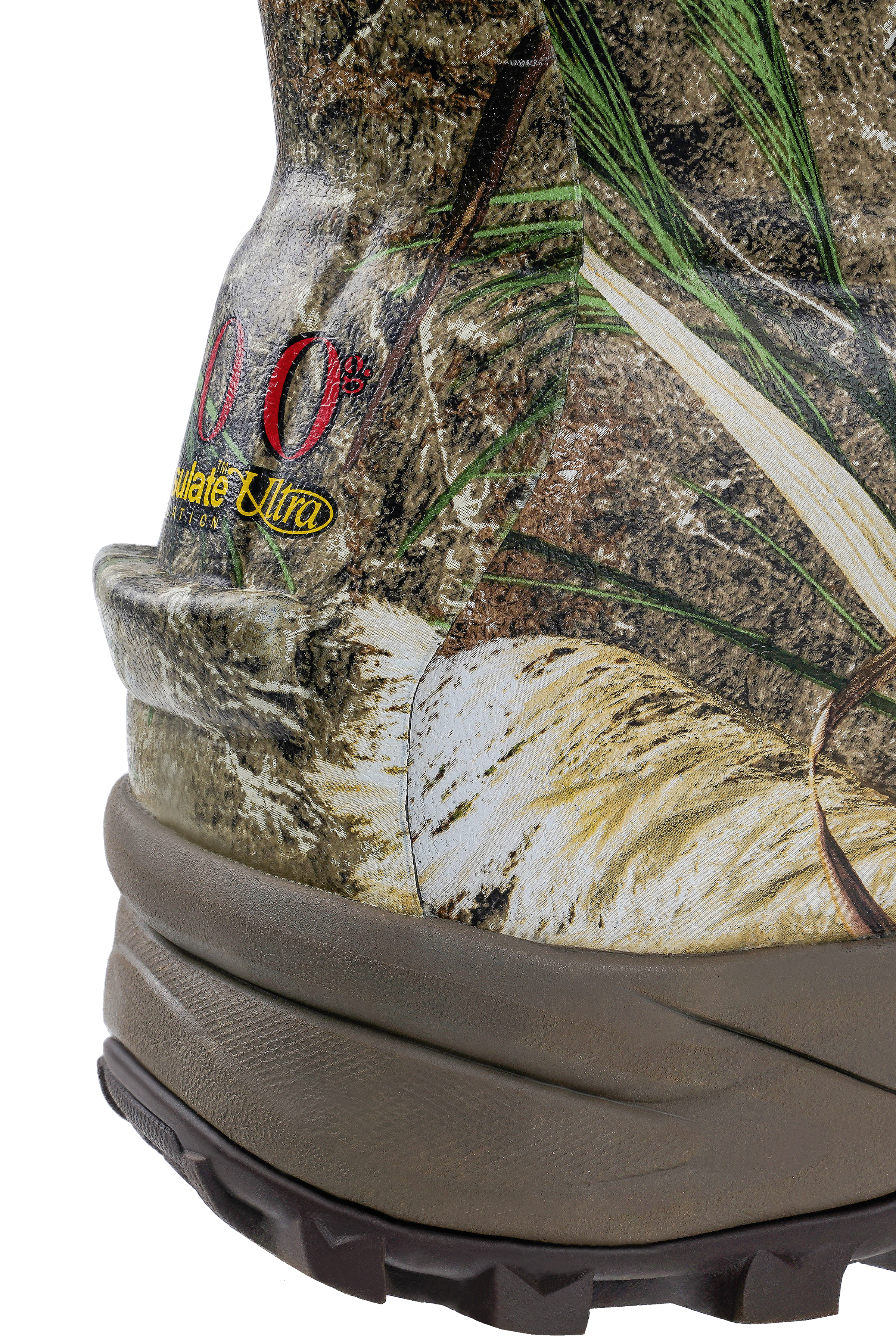 alt="Close-up of the heel area of Trudave TrailGuard Series men’s tall waterproof insulated hunting boots in Reed Grass color showing small rear kick lug design for easy boot removal, reinforced heel structure, and waterproof insulation for outdoor durability"